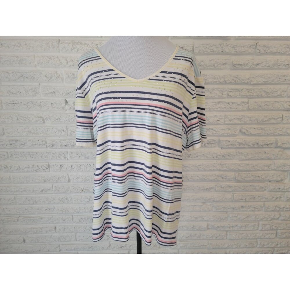 Coral Bay Womens Top 1X Plus Tee Lightweight Blue Stripe Rhinestone STR93XE